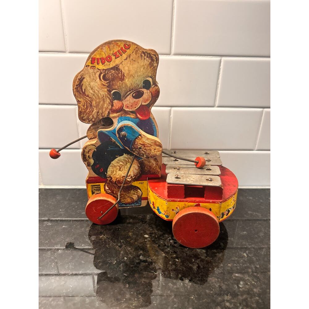 Vintage Fisher Price Pull Toy Wooden Fido Zilo Dog #707 1955‎